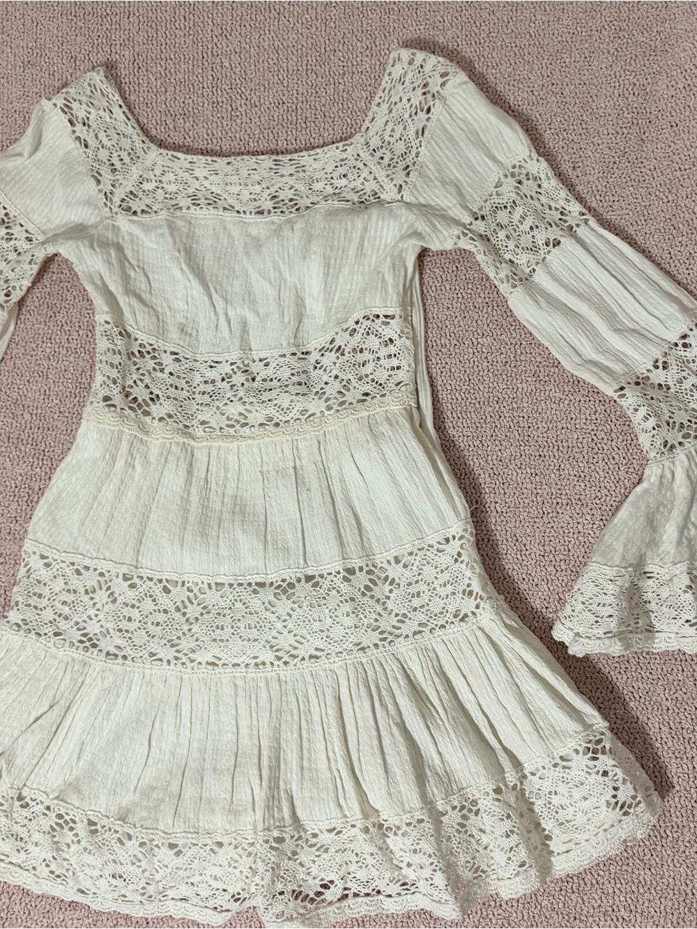 Free People Ivory Crochet-Tiered Long Sleeve Dress